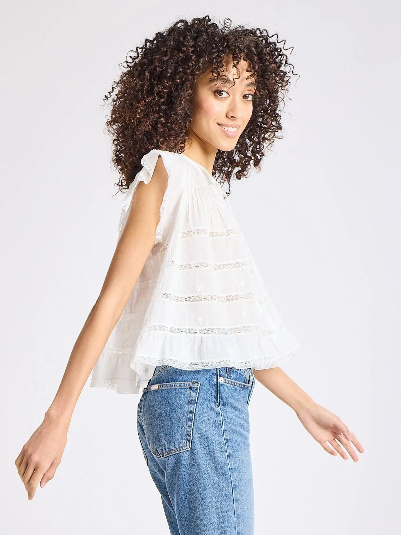 GarmentWashedFinish Maria Top in White Lace & Embroidery