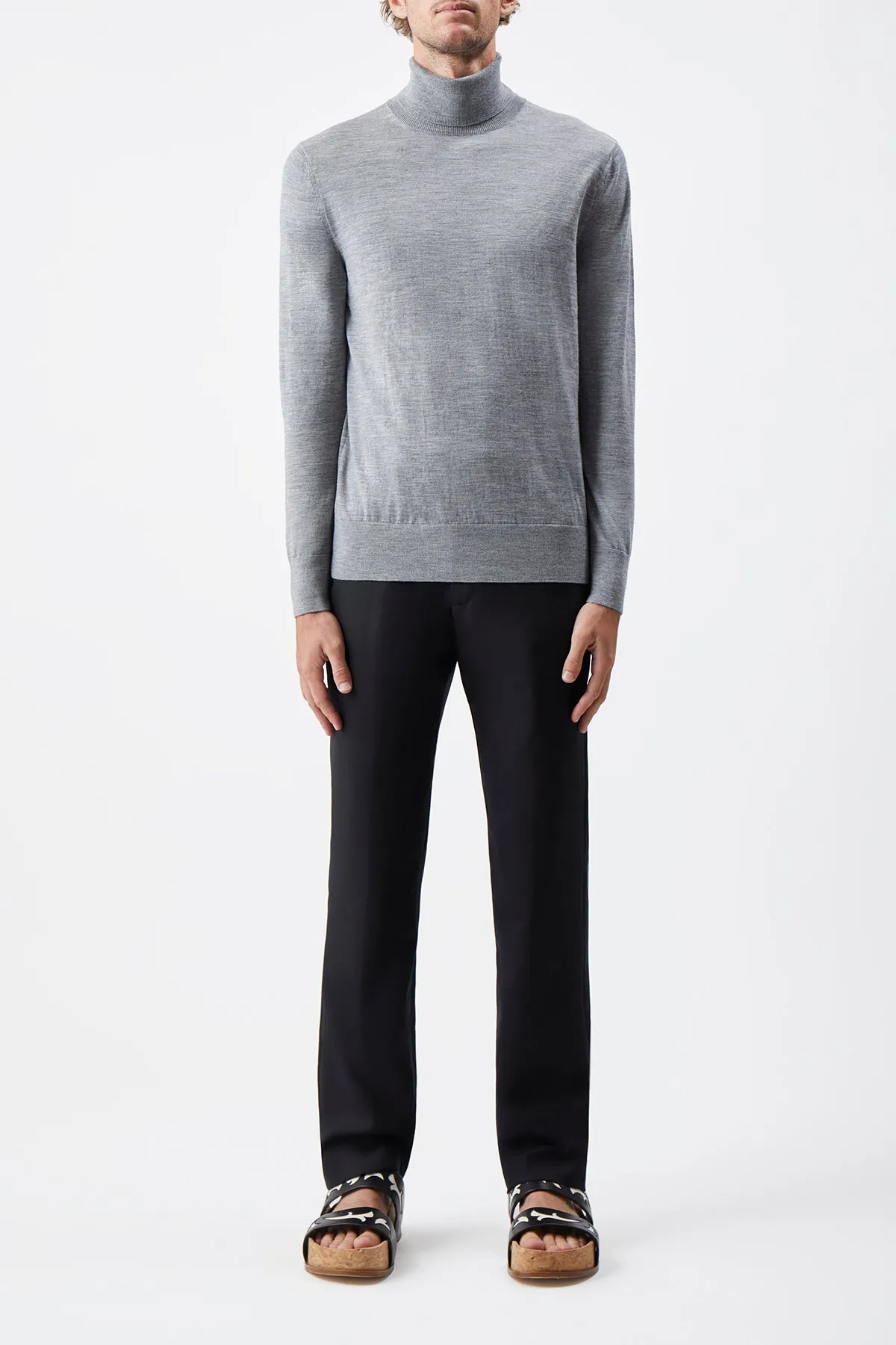 FadeResistant Dye Layered Cable Pattern Jermaine Knit Turtleneck in Heather Grey Merino Wool