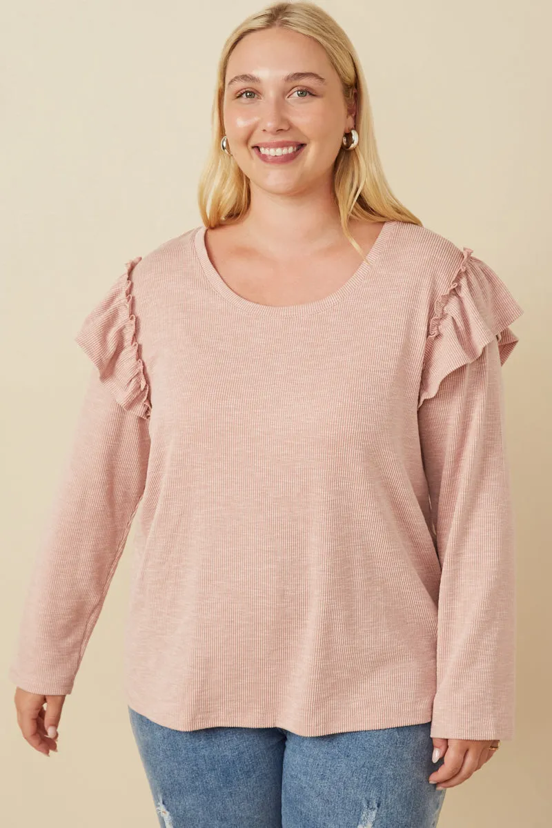 StretchFabric Marled Textured Ruffle Detail Scoop Neck Knit Top