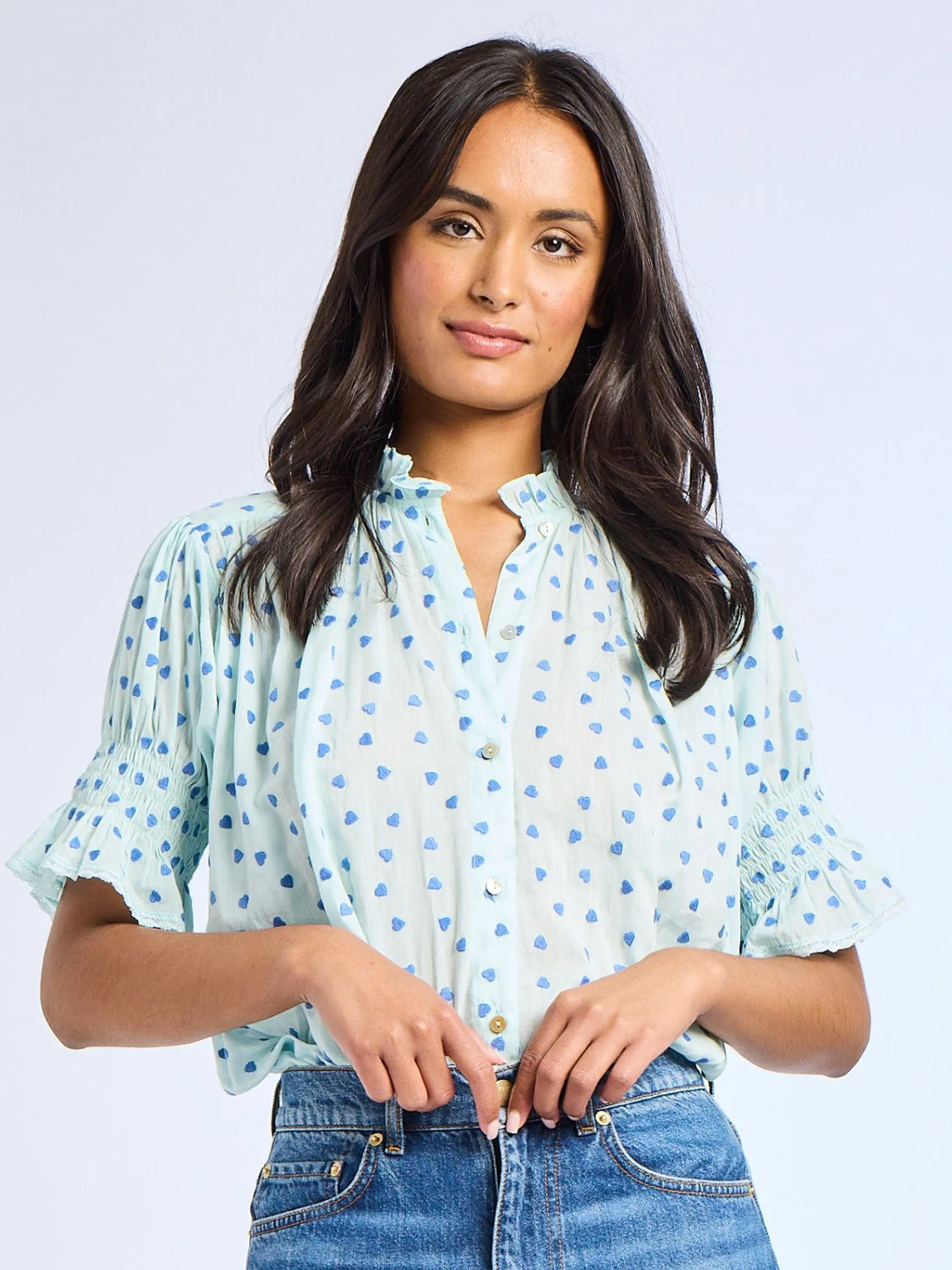 Marnie Top in Blue Hearts All Day Comfort Thermoregulating Fabric