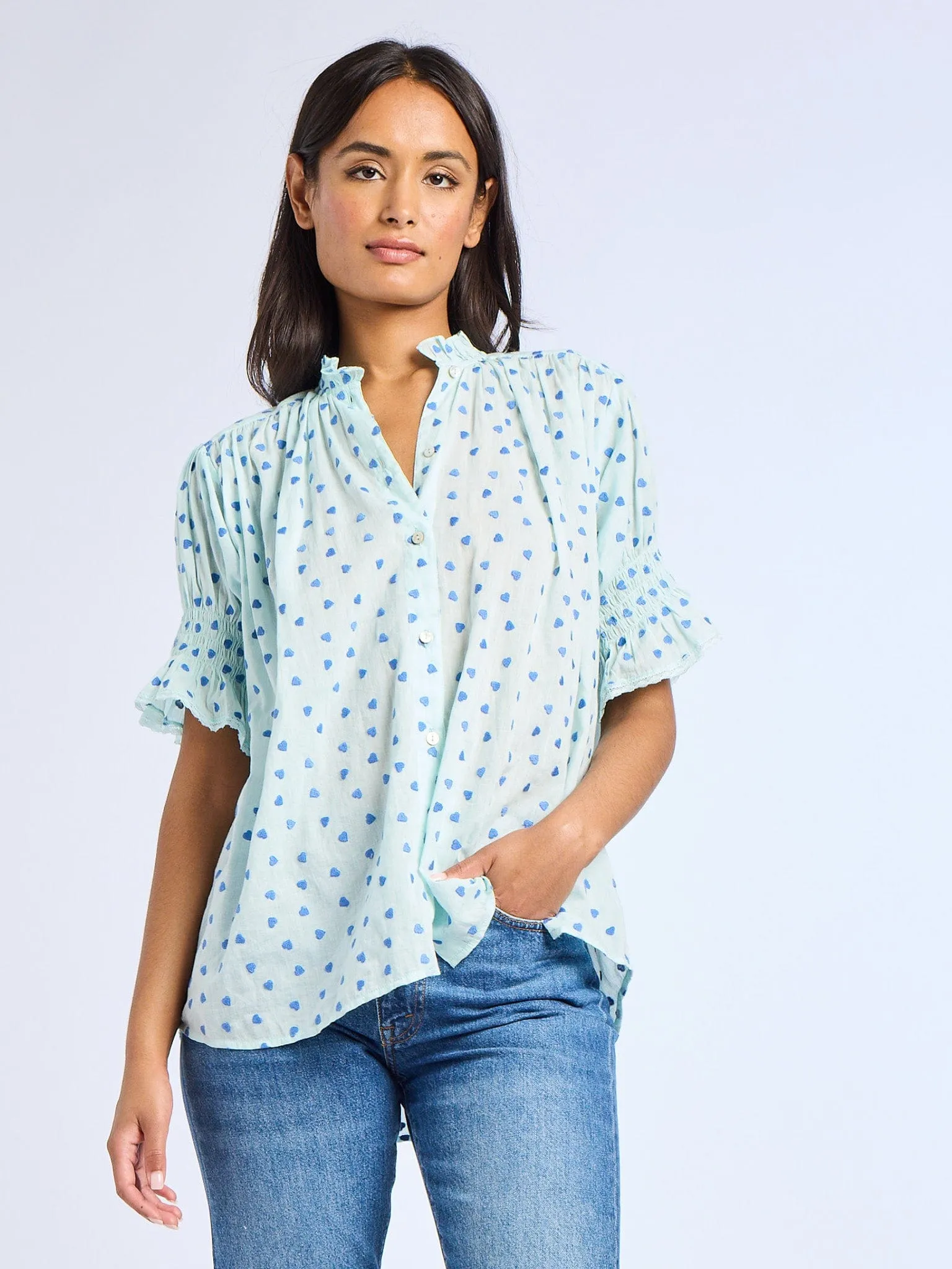 Marnie Top in Blue Hearts Wrinkle Resistant Treatment