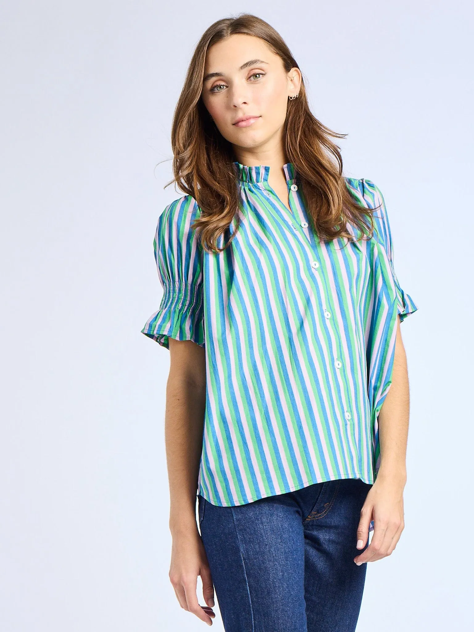 Marnie Top in Printemps Stripe wrinkle free finish Low Profile Zipper Closure