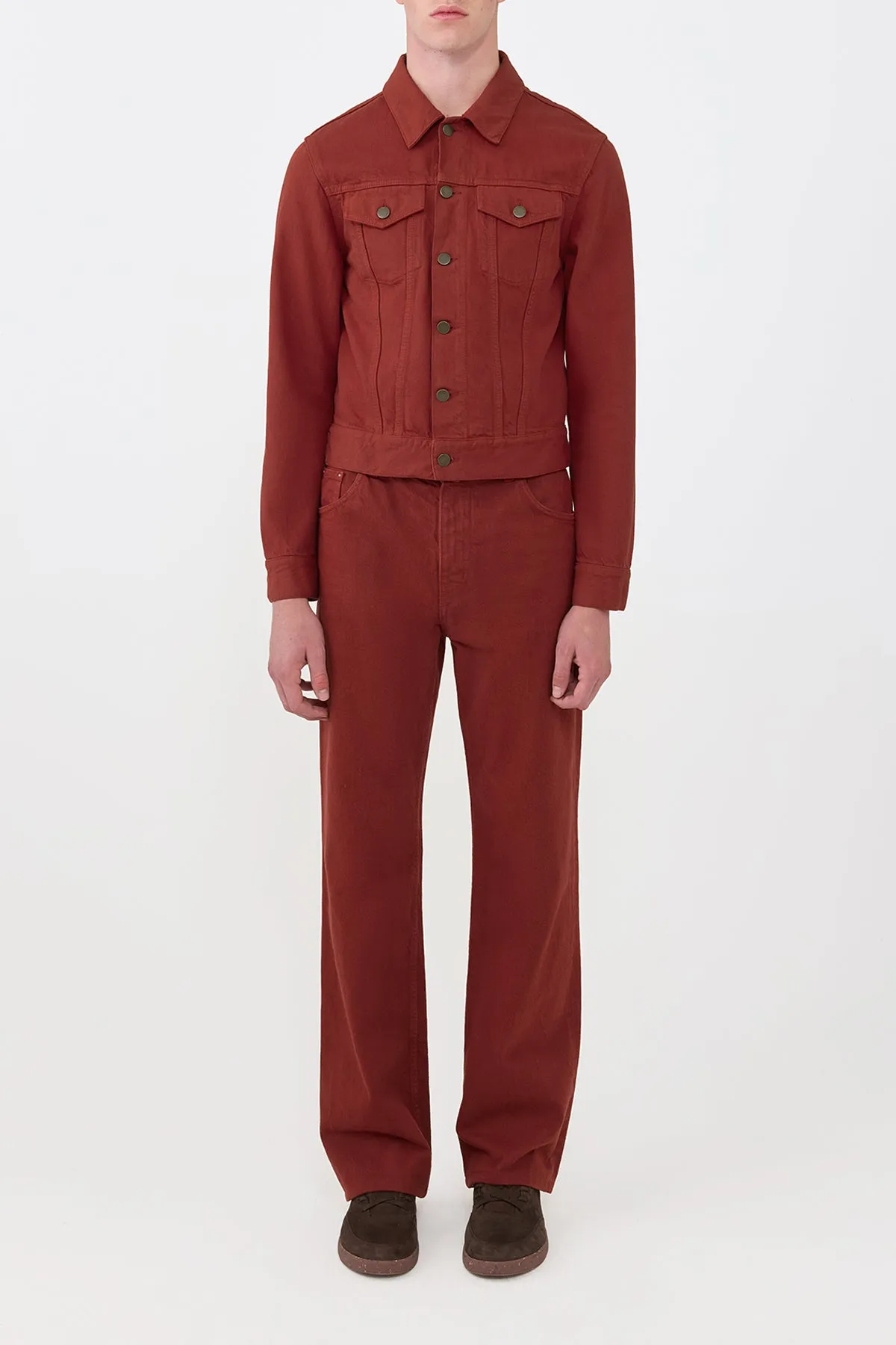 Barry Trucker in Burnt Sienna Recycled Cotton Denim Thermo Regulating Fabric Athletic Tailored Fit