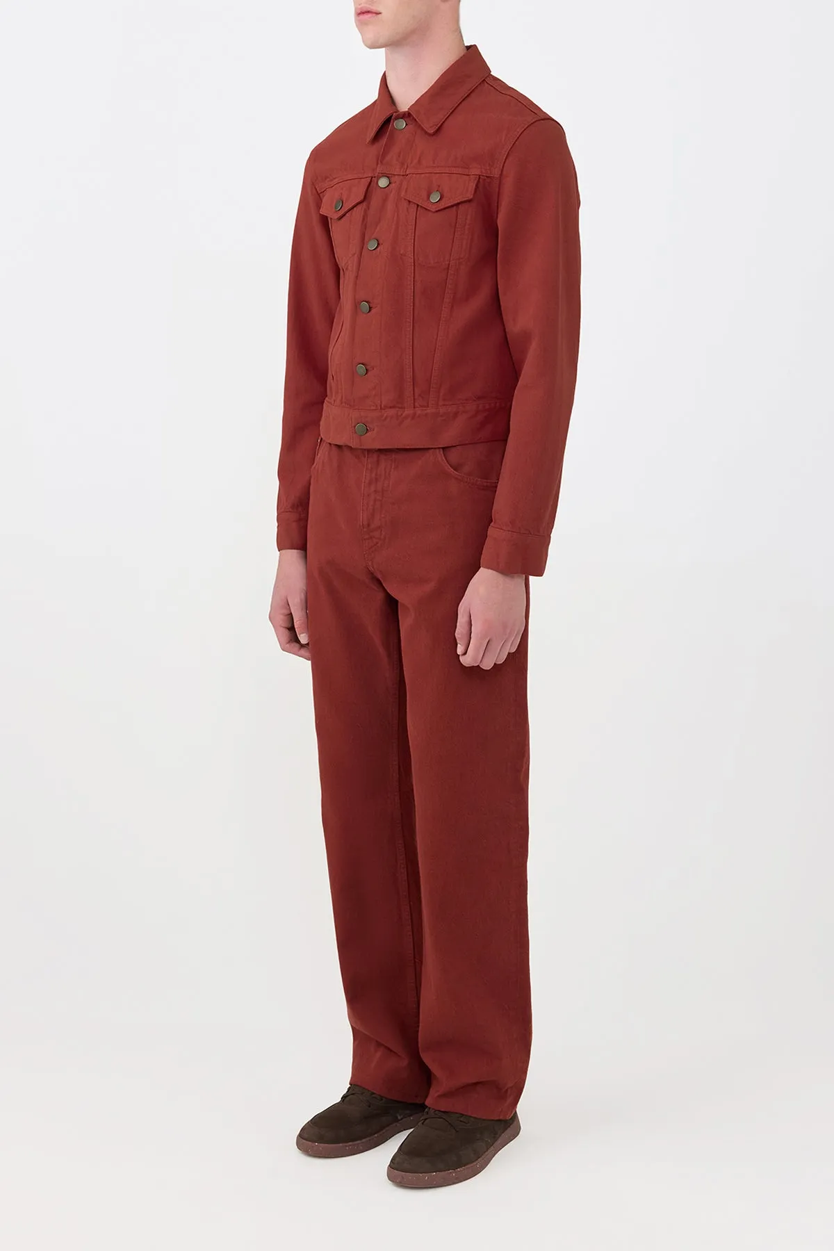 Barry Trucker in Burnt Sienna Recycled Cotton Denim Anti Pilling Technology Vegan Leather Accents