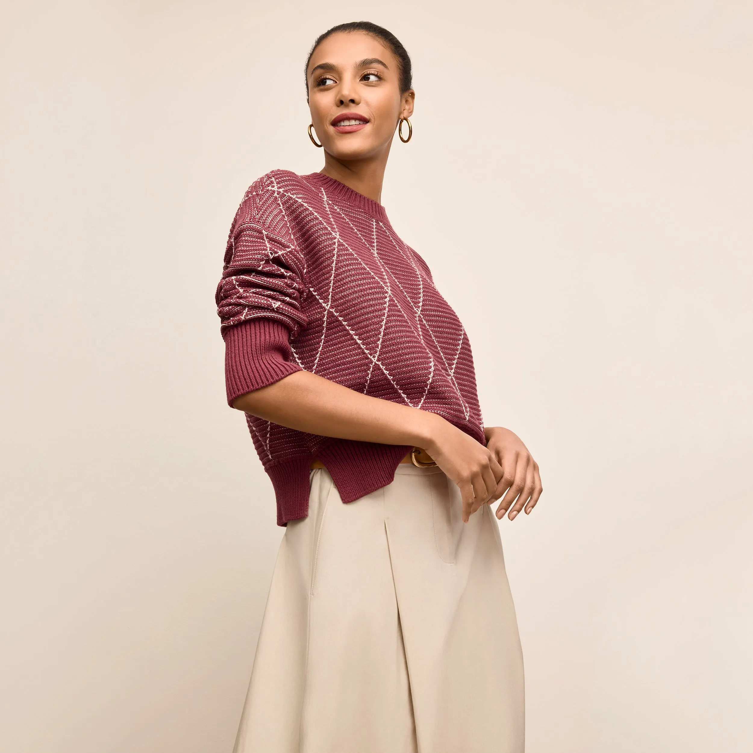 Maura Easy Luxury Sweater - Argyle Knit :: Red Umber Stain Release Coating