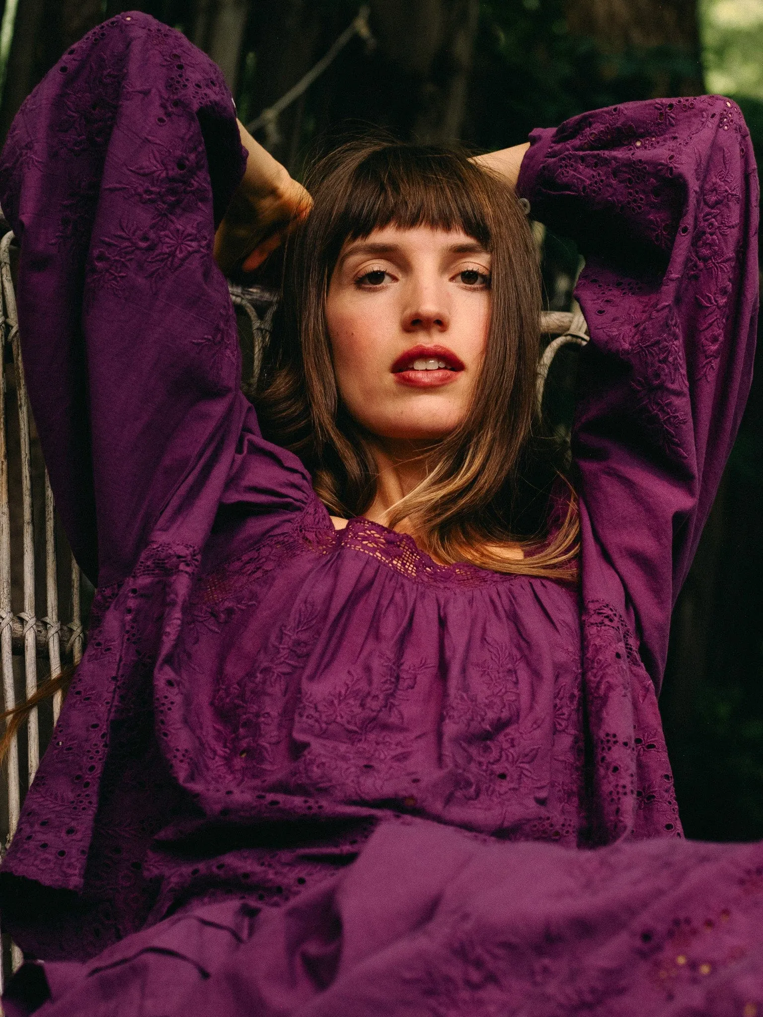 Maureen Top in Plum Eyelet MultiPocket Durable Weave