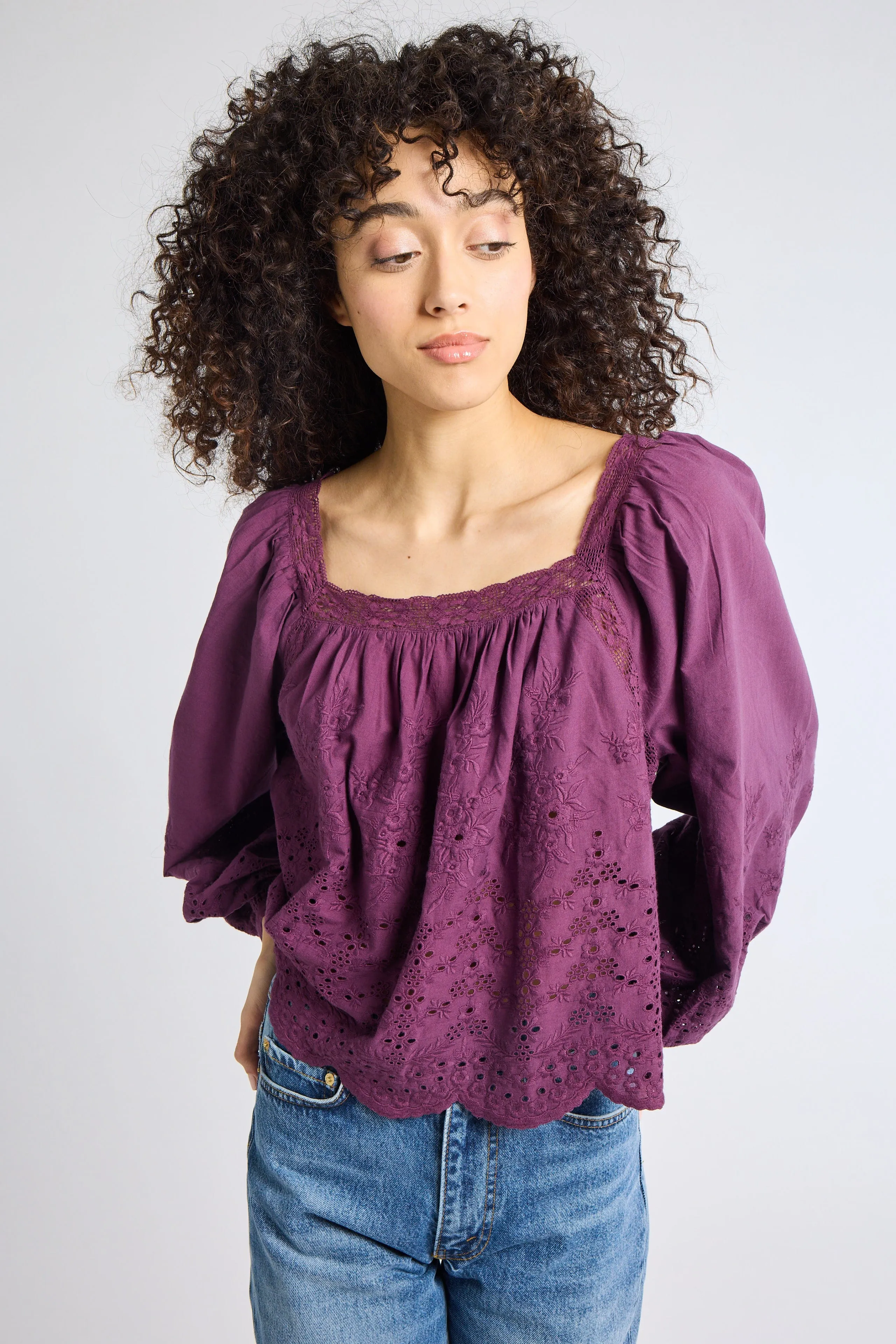 Maureen Top in Plum Eyelet EasyCare Fabric Compact Thermal Insulation