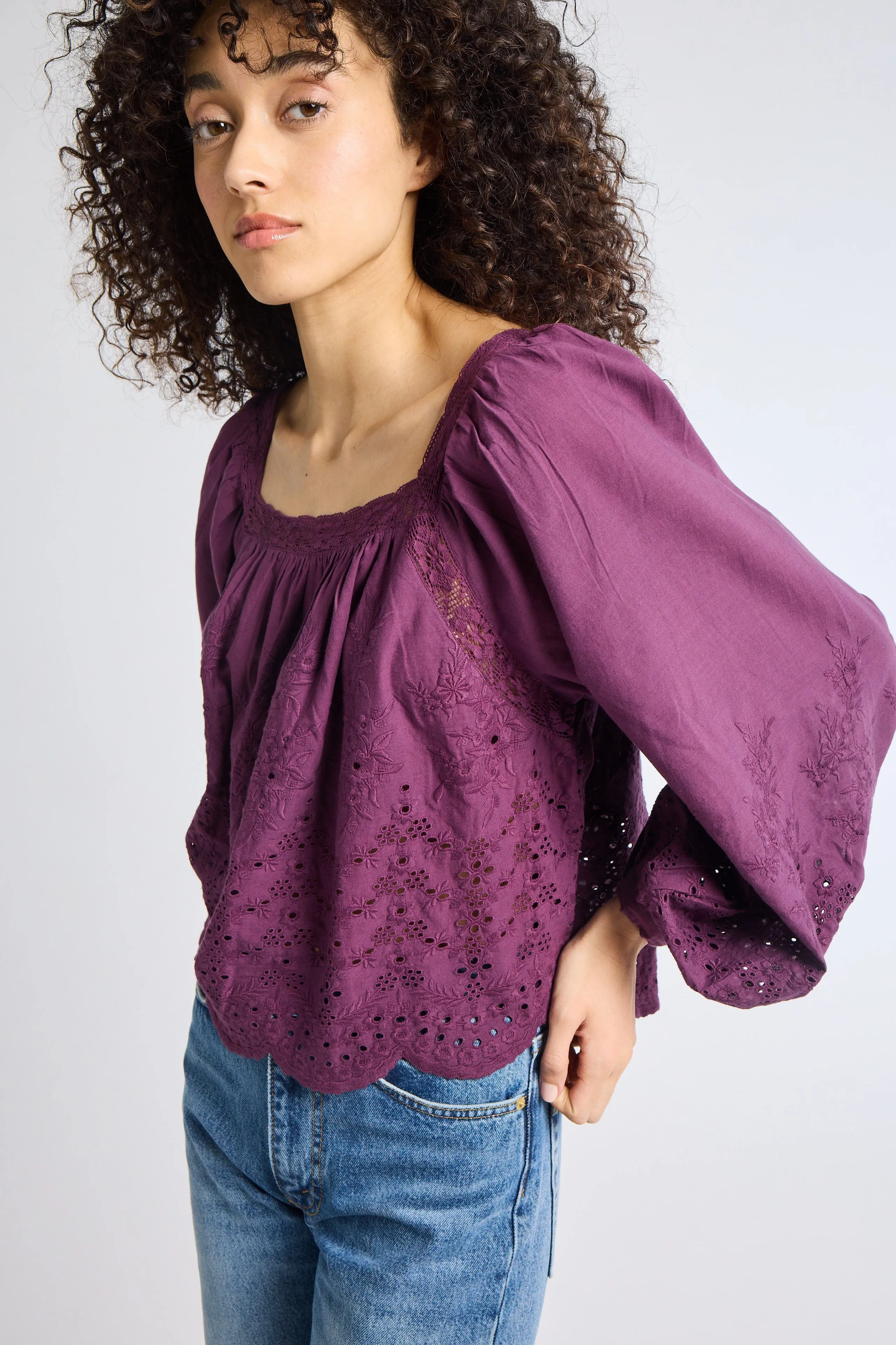 Maureen Top in Plum Eyelet LightweightFabric