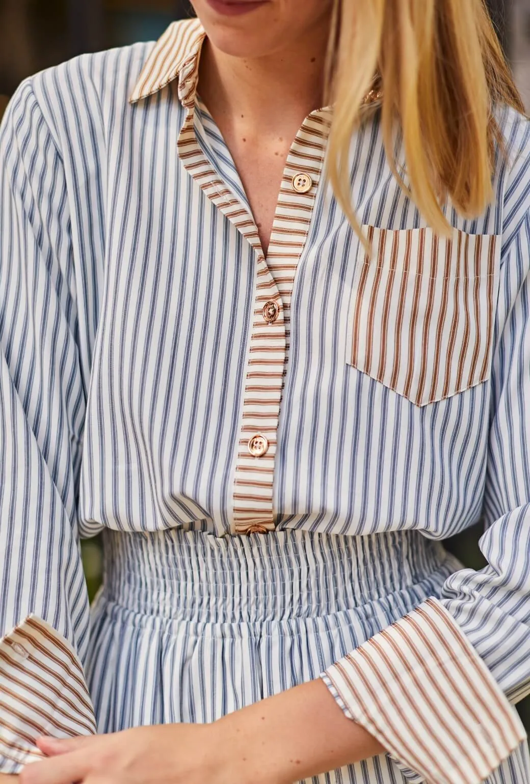 WrinkleFree Finish Breathable Material Mel Button Down Shirt - Deep Sea Stripe