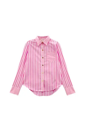 Sheer Overlay Material Flexible Knit Blend Mel Mixed Button Down Shirt - Pink Stripe