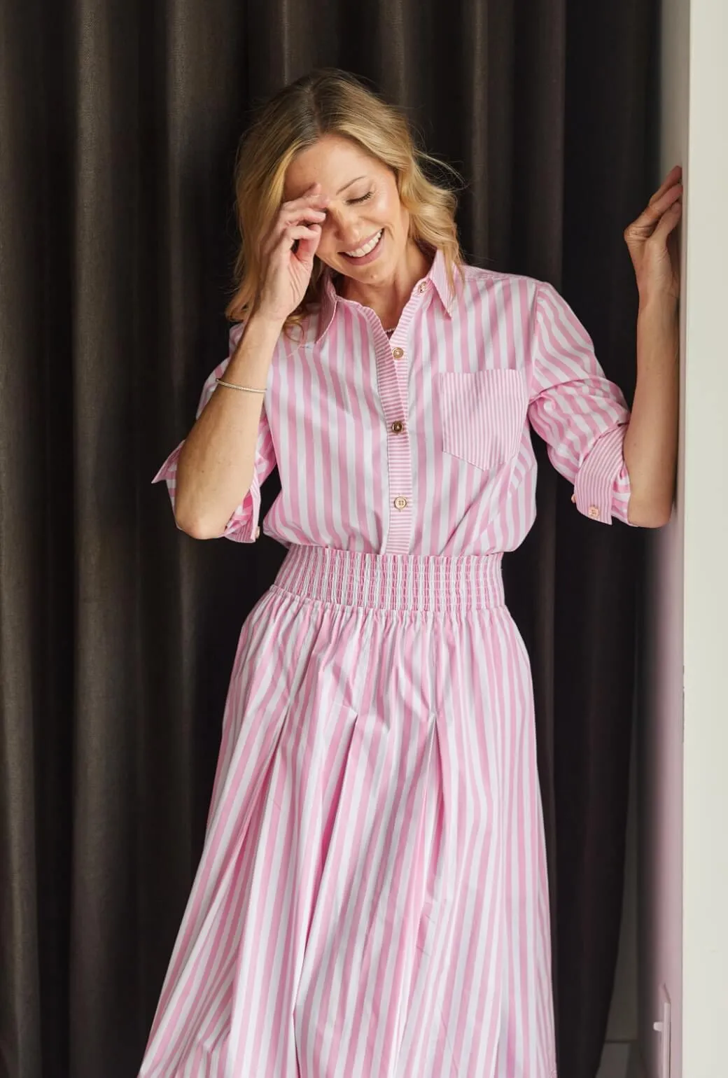 Brushed Inner Layer Fun Design Mel Mixed Button Down Shirt - Pink Stripe