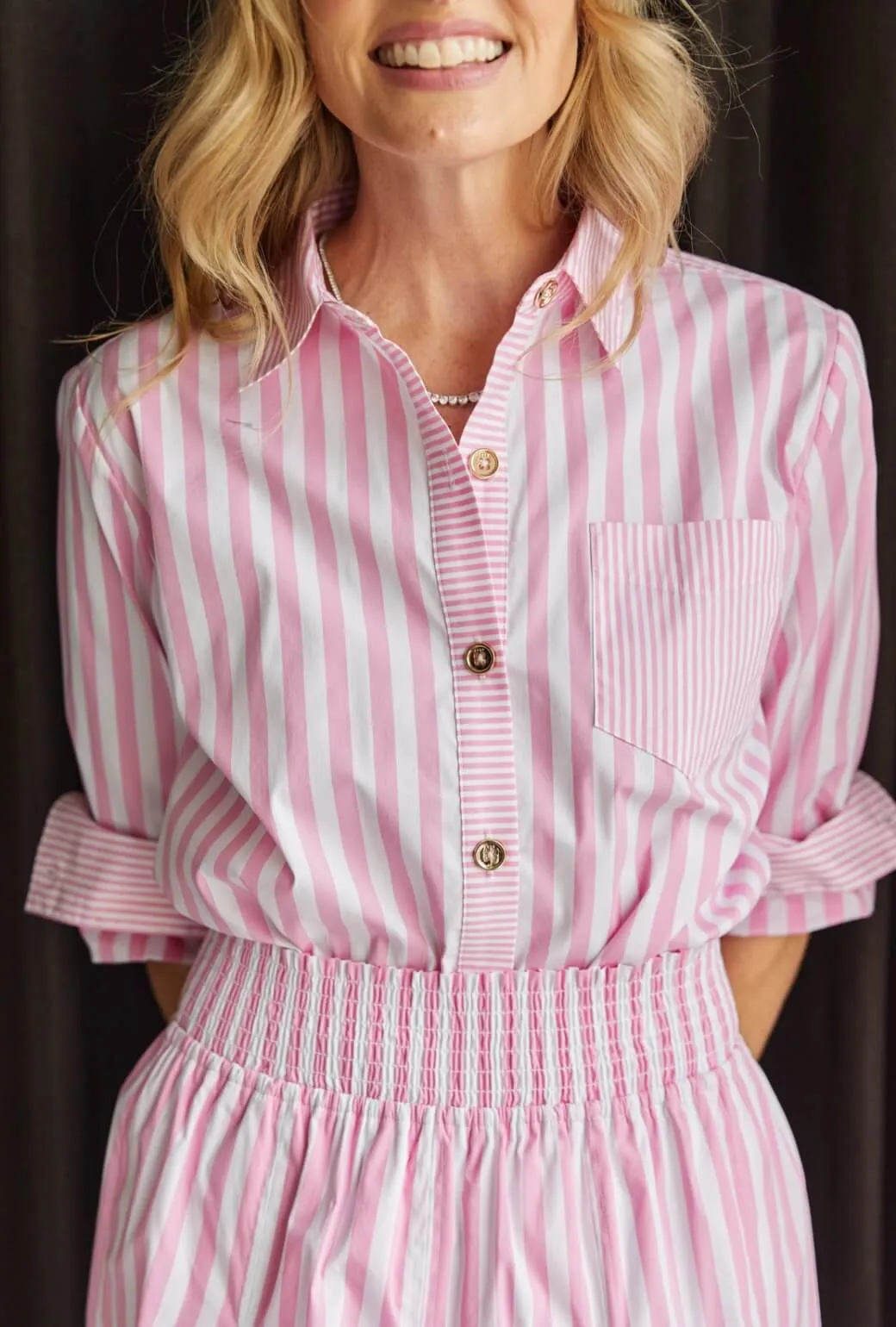 Reverseble Design CompressionSupportWeave Mel Mixed Button Down Shirt - Pink Stripe
