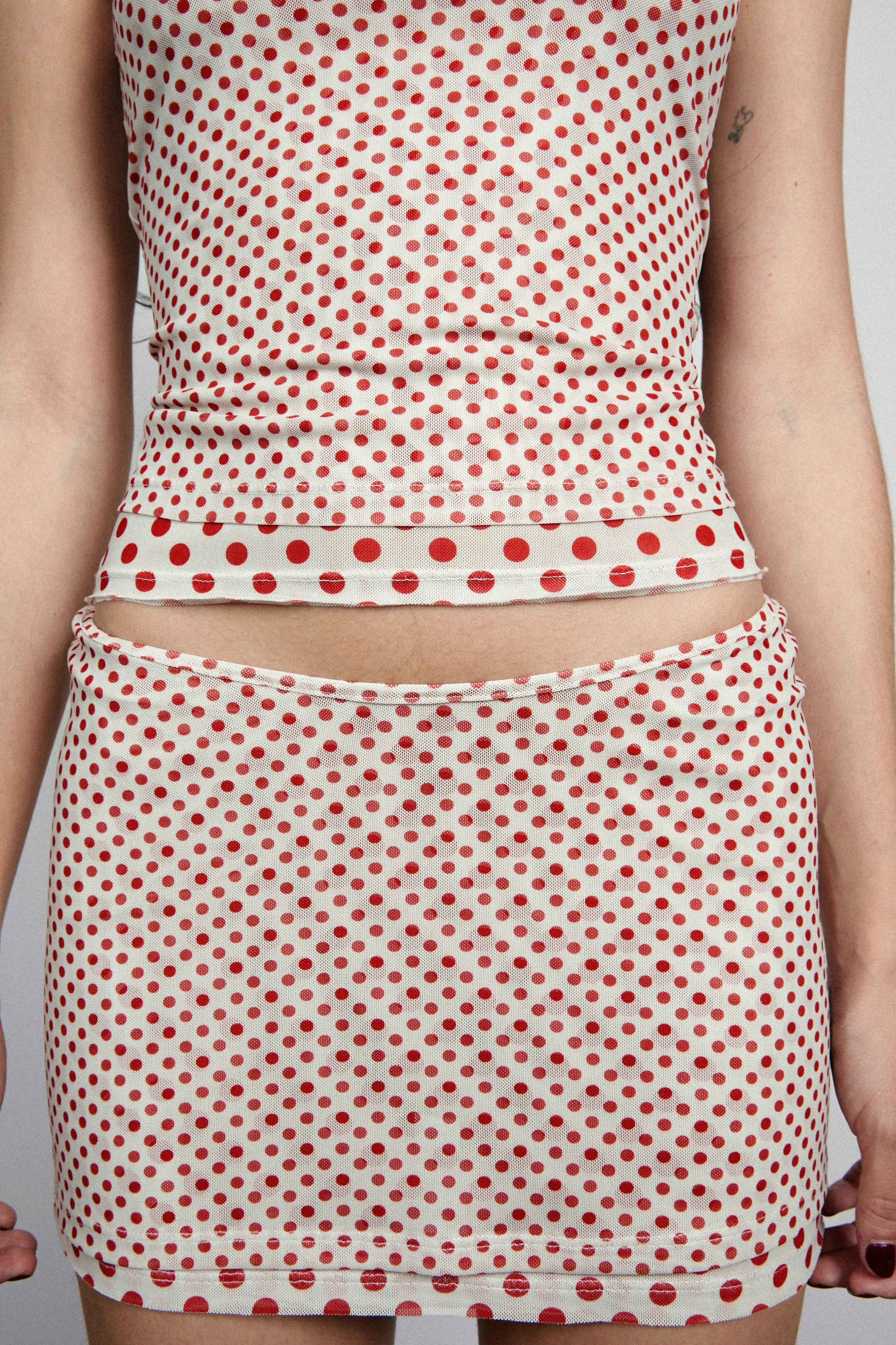 Self Fabric Tie Closure MESH MINI TEE - WHITE POLKA DOT