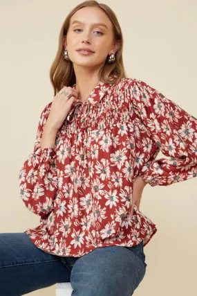 Seamless Construction Design Anti Pill Surface Floral Print Smocked Detail Tie Front Collared Shirt