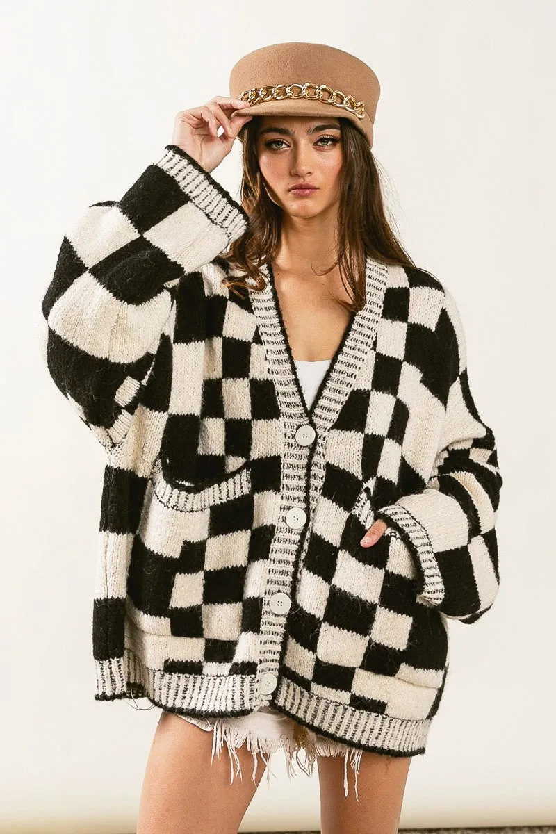 IP8302-01 | PATCH POCKETS CHECKERED SWEATER CARDIGAN AntiStaticLayer Nylon Cover