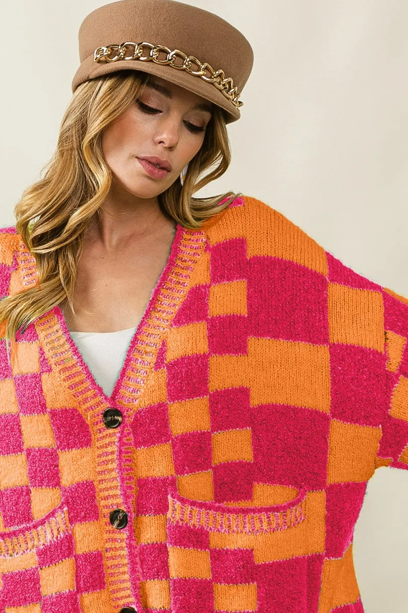 Glove Friendly Cuff Design Flexible Elasticity IP8302-01 | PATCH POCKETS CHECKERED SWEATER CARDIGAN