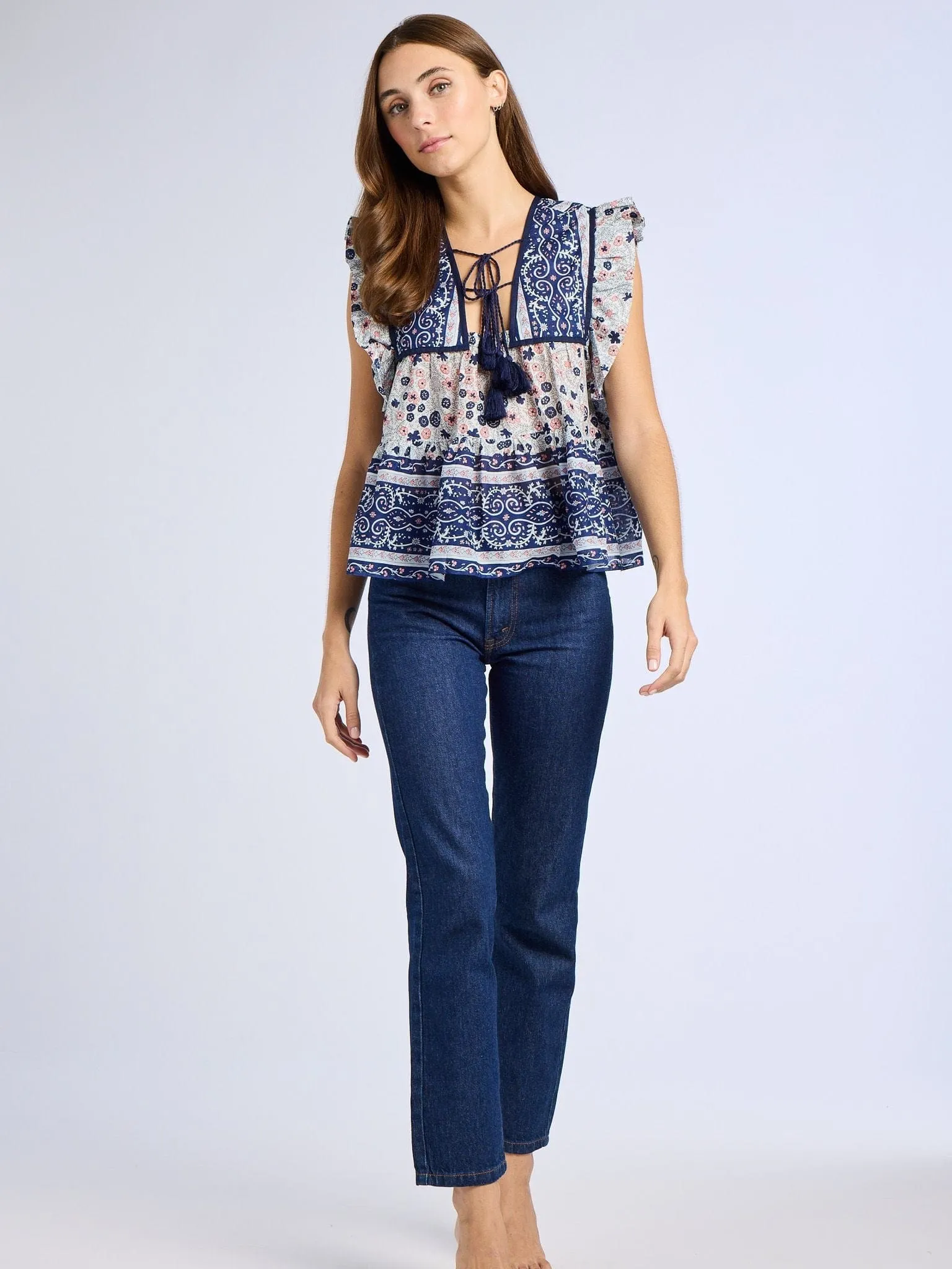 Chelsea Top in Navy Floral Built In Filter Layer LowMaintenanceFabric