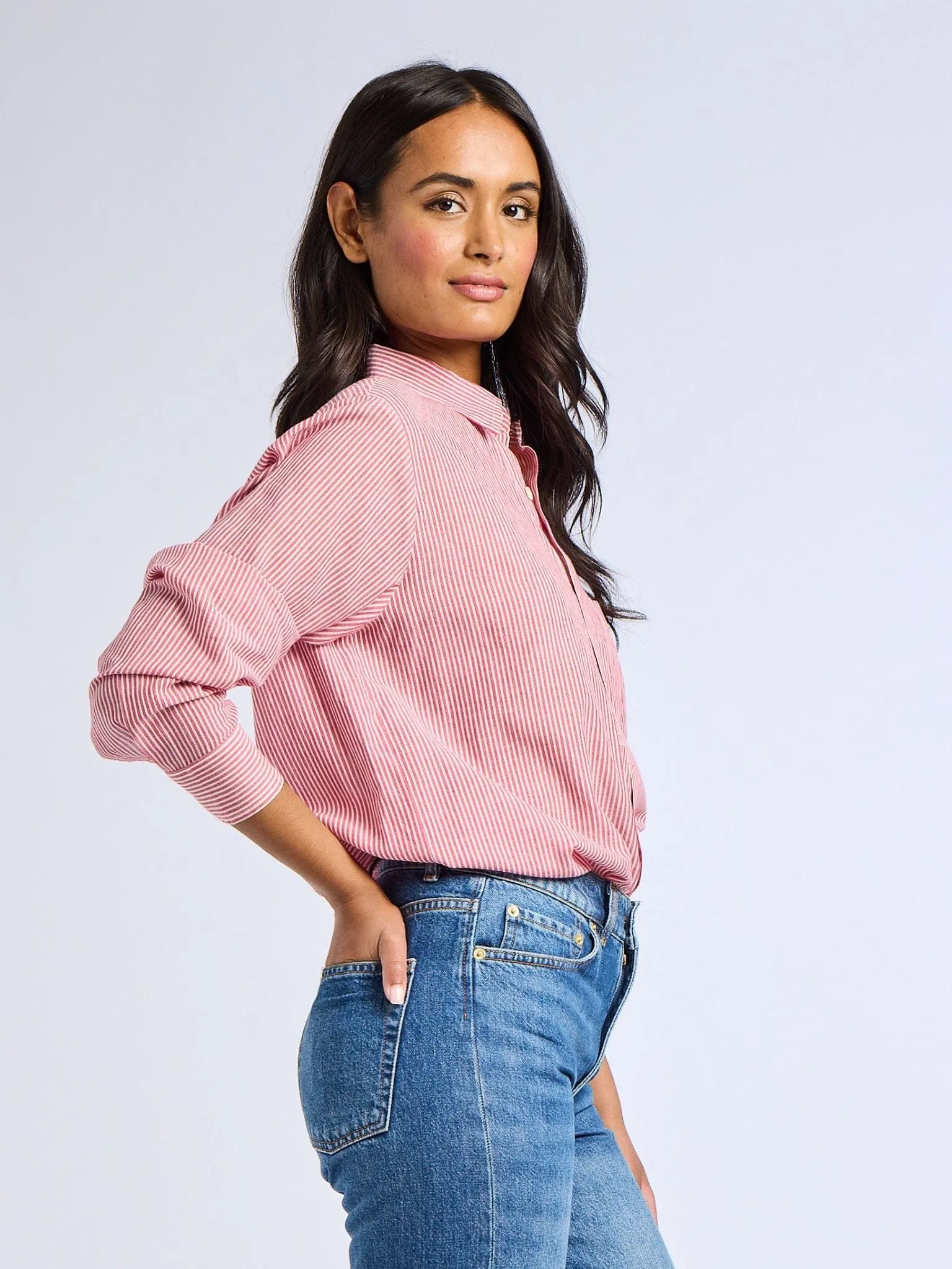 Rolled Hem Detailing Layered Shoulder Sofia Top in Tango Stripe