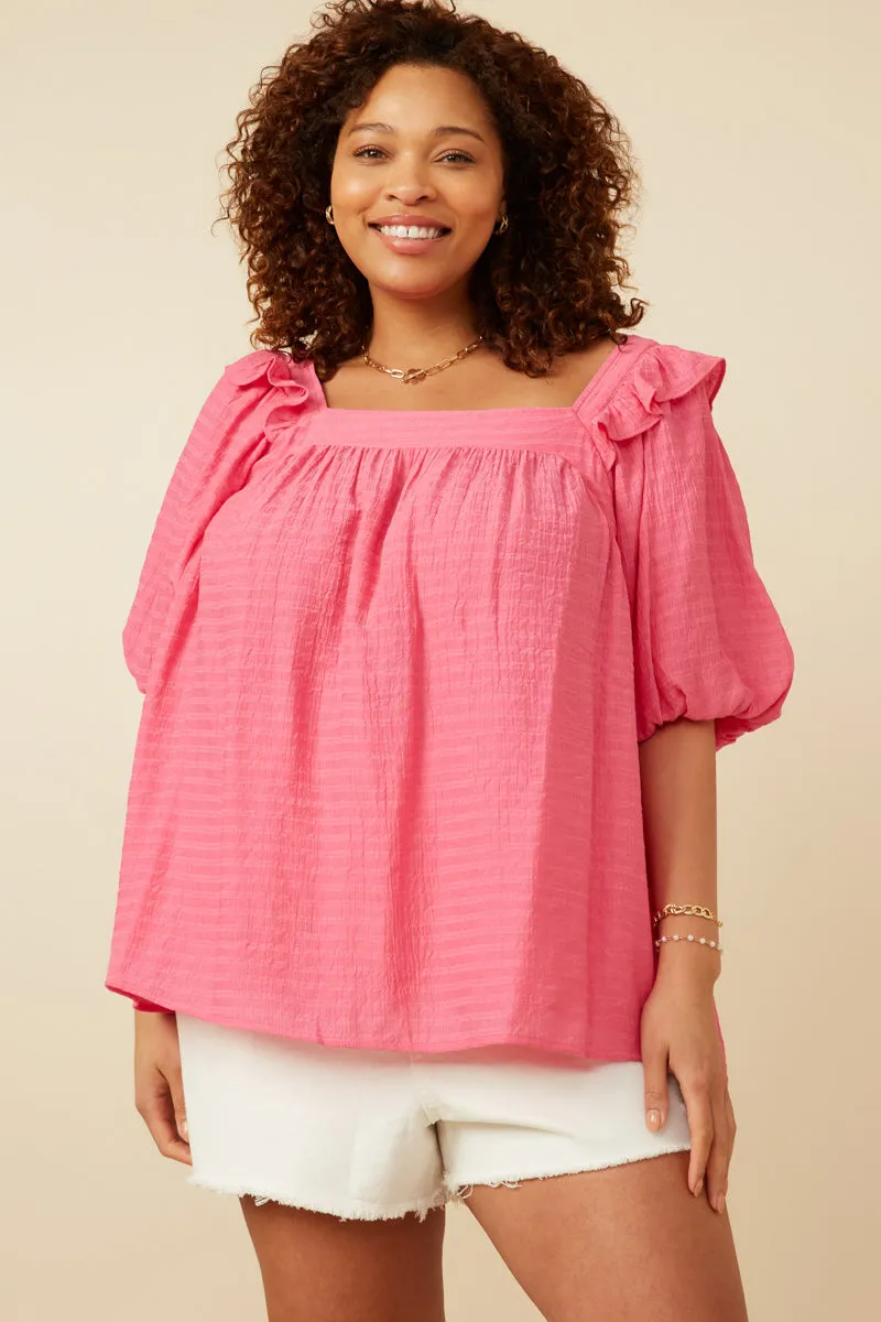 Ergonomic Fit Design Square Neck Ruffle Shoulder Textured Top