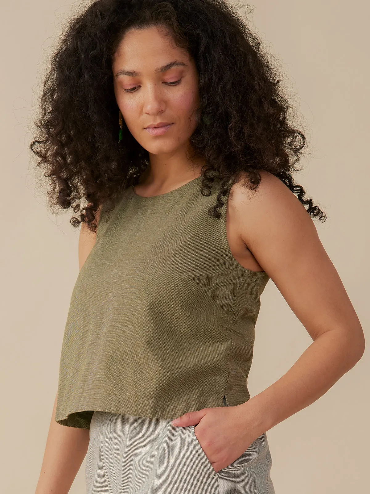 Neko Tank - Olive Chambray Reinforced Neckline Rolled Hem Finish