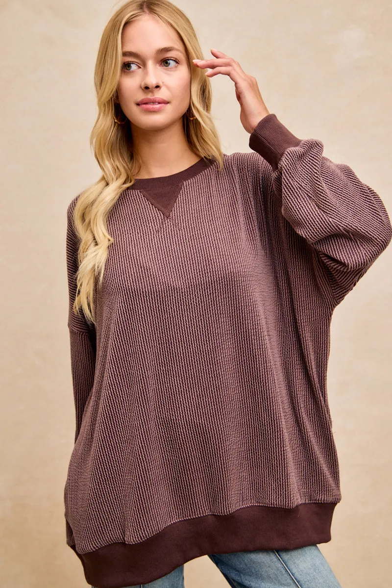 IT4471G-02 | V RIB DETAIL TWO TONE RIB OVERSIZED SWEATSHIRT TOP High Durability Material