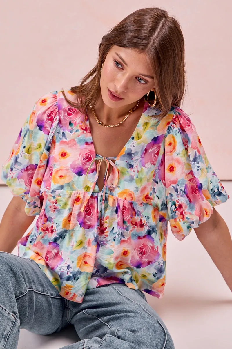 AntiStatic Weave Airflow Mesh Insert IT4357S-01 | FLORAL PRINTED BALLOON SLEEVES FRONT TIED TOP