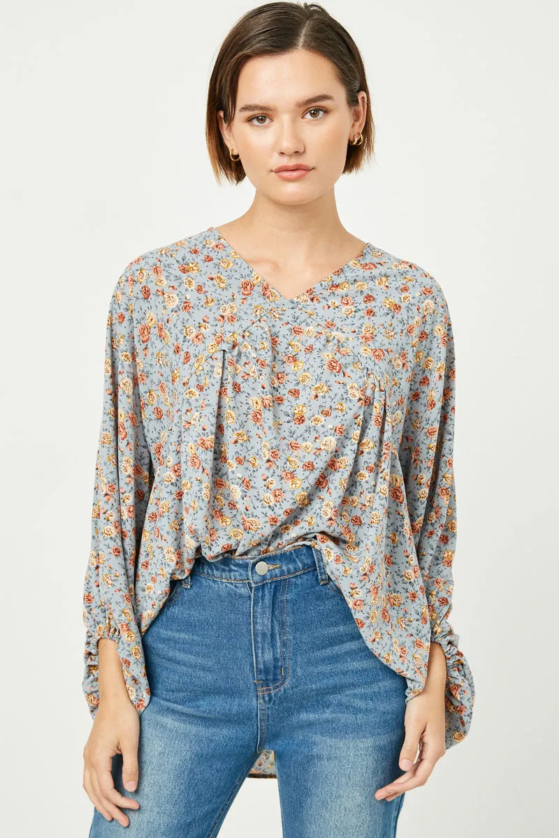 MeshPanel Balloon Sleeve V-Neck Top