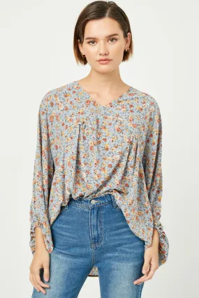 MeshPanel Balloon Sleeve V-Neck Top