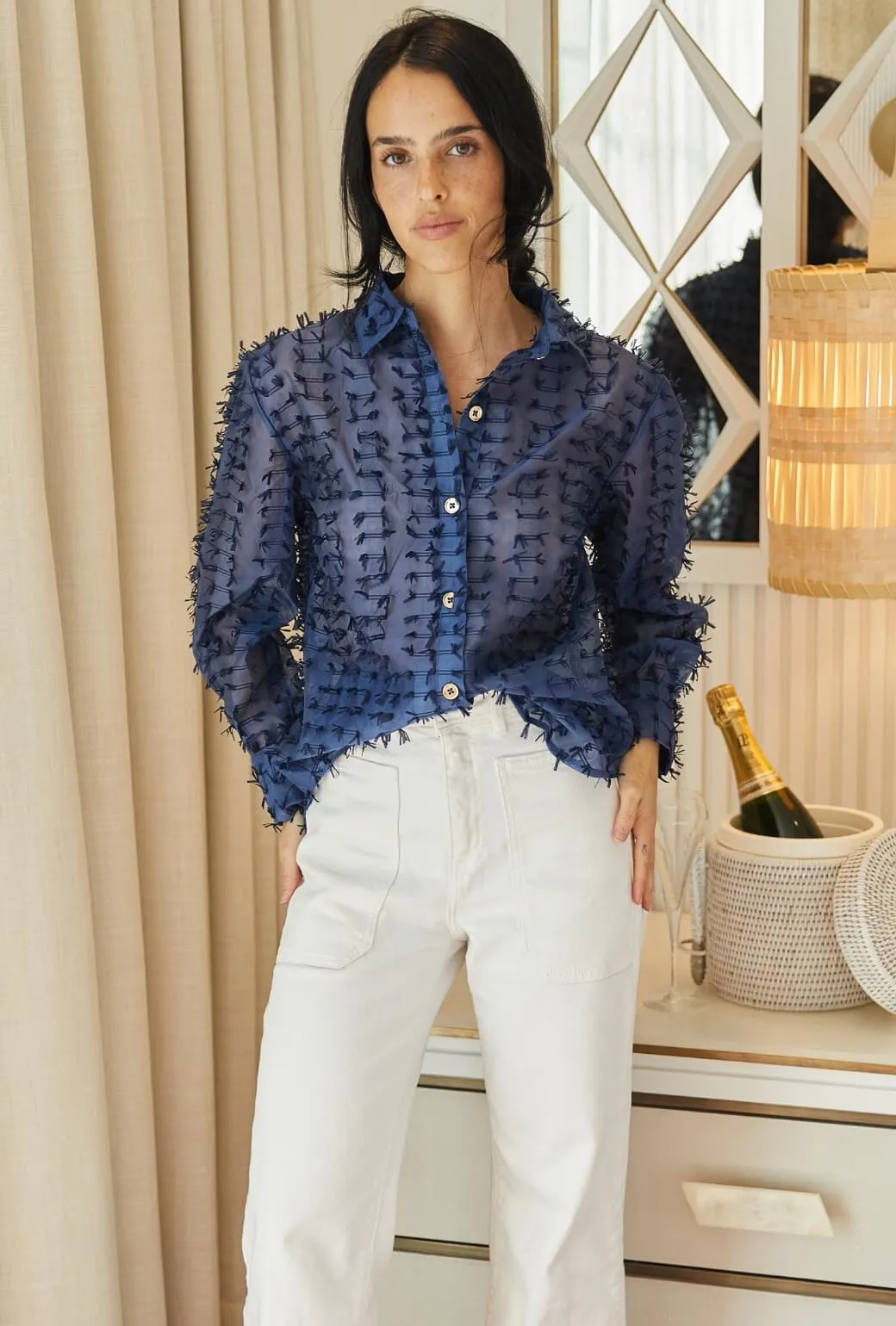 Circular Knit Odor Resistant Treatment Mel Button Down Shirt - Navy Bows