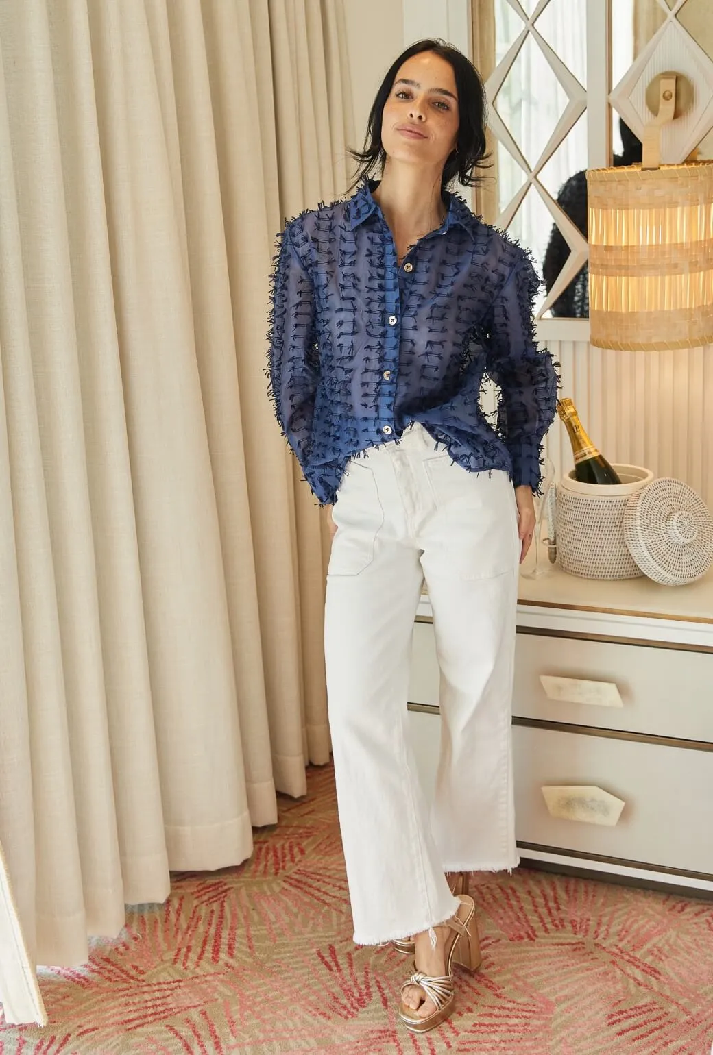 Heather Effect Finish Water Repellent Coating Mel Button Down Shirt - Navy Bows