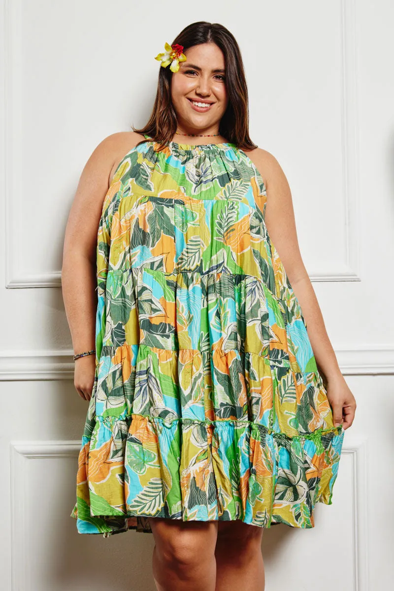 Color Pop Textured Botanical Print Tiered Tank Dress