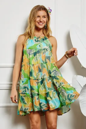 Flow Sleeve Textured Botanical Print Tiered Tank Dress