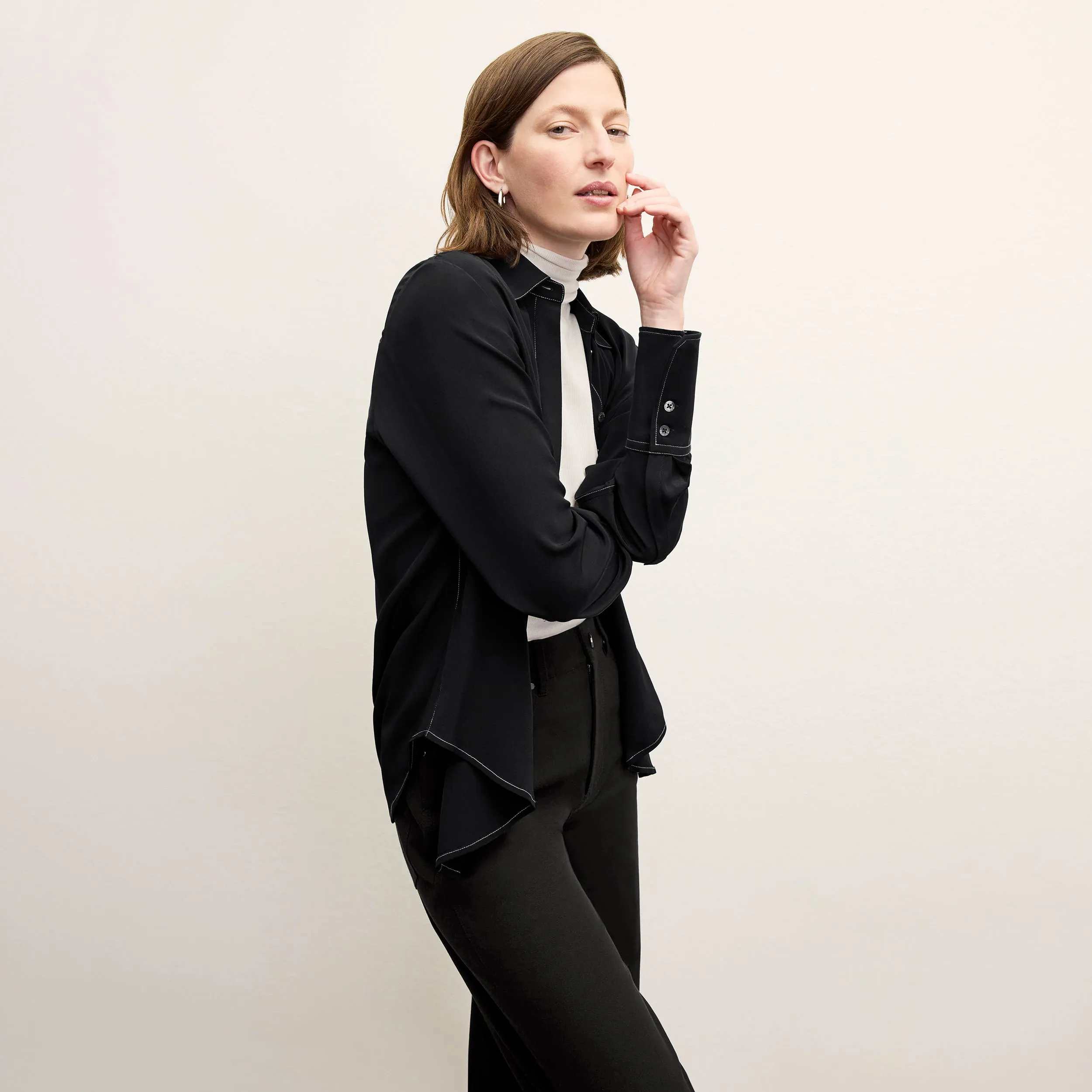 Mira Anywhere Shirt - Washable Silk Top Stitch :: Black Office Look Tailored Placket