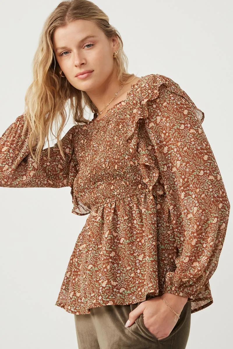 Flatlock stitching NonIrritatingSeams Mixed Botanical Print Ruffle Detail Peplum Top