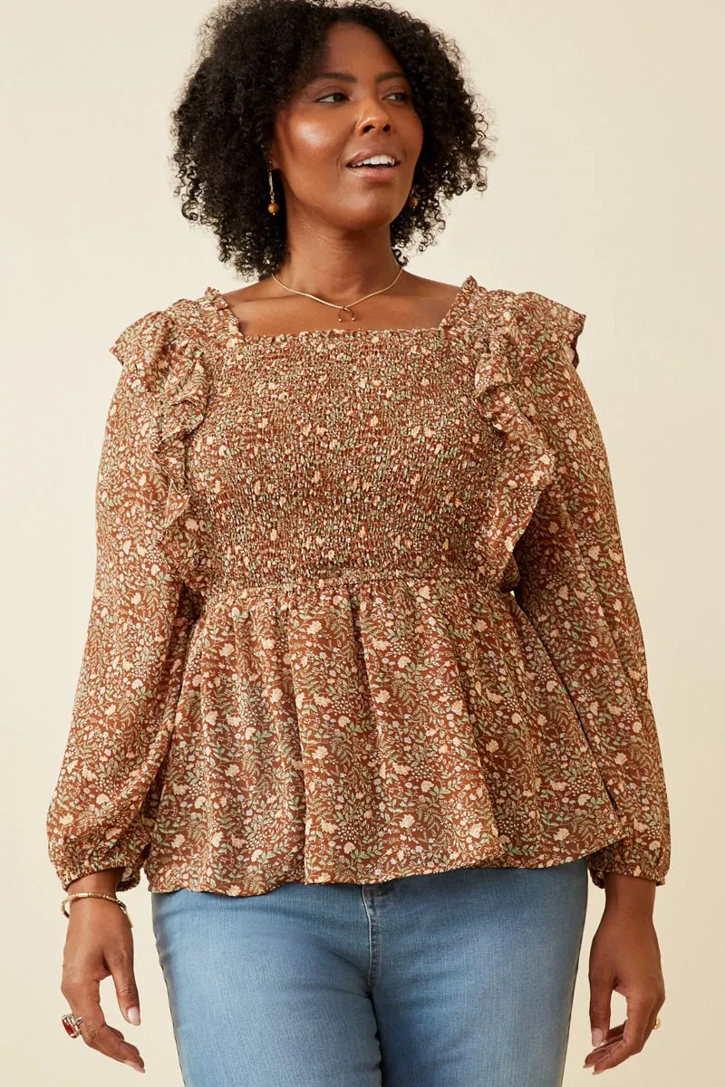 Mixed Botanical Print Ruffle Detail Peplum Top Reflective Accent Trim