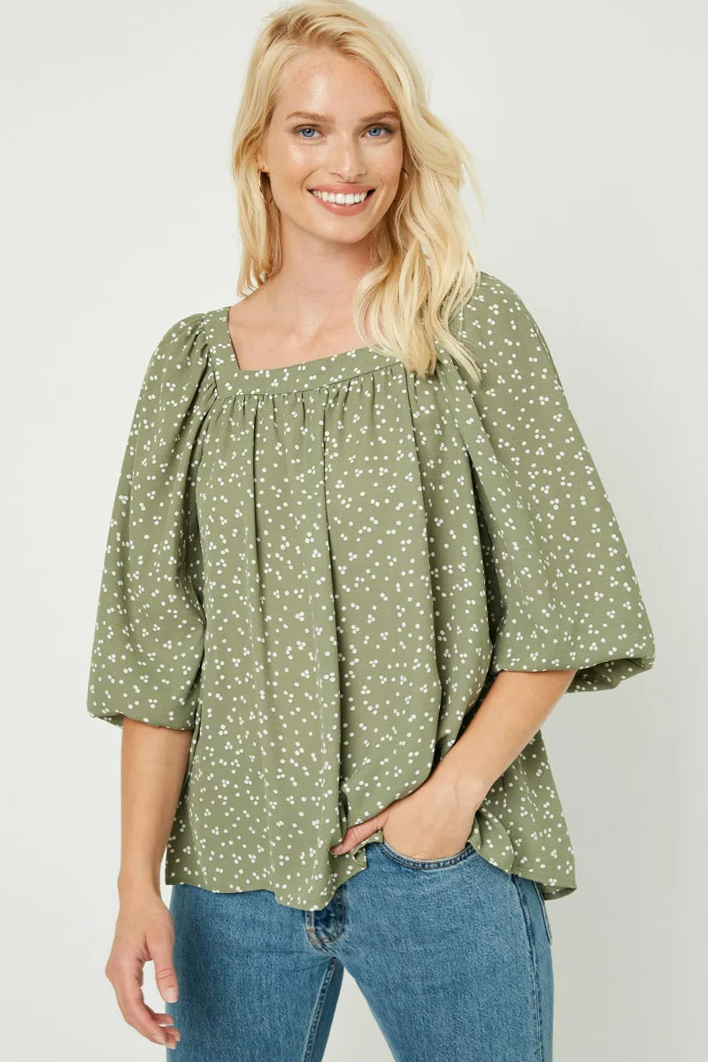 Mixed Dot Print Square Neck Long Sleeve Top AbrasionResistant Finish