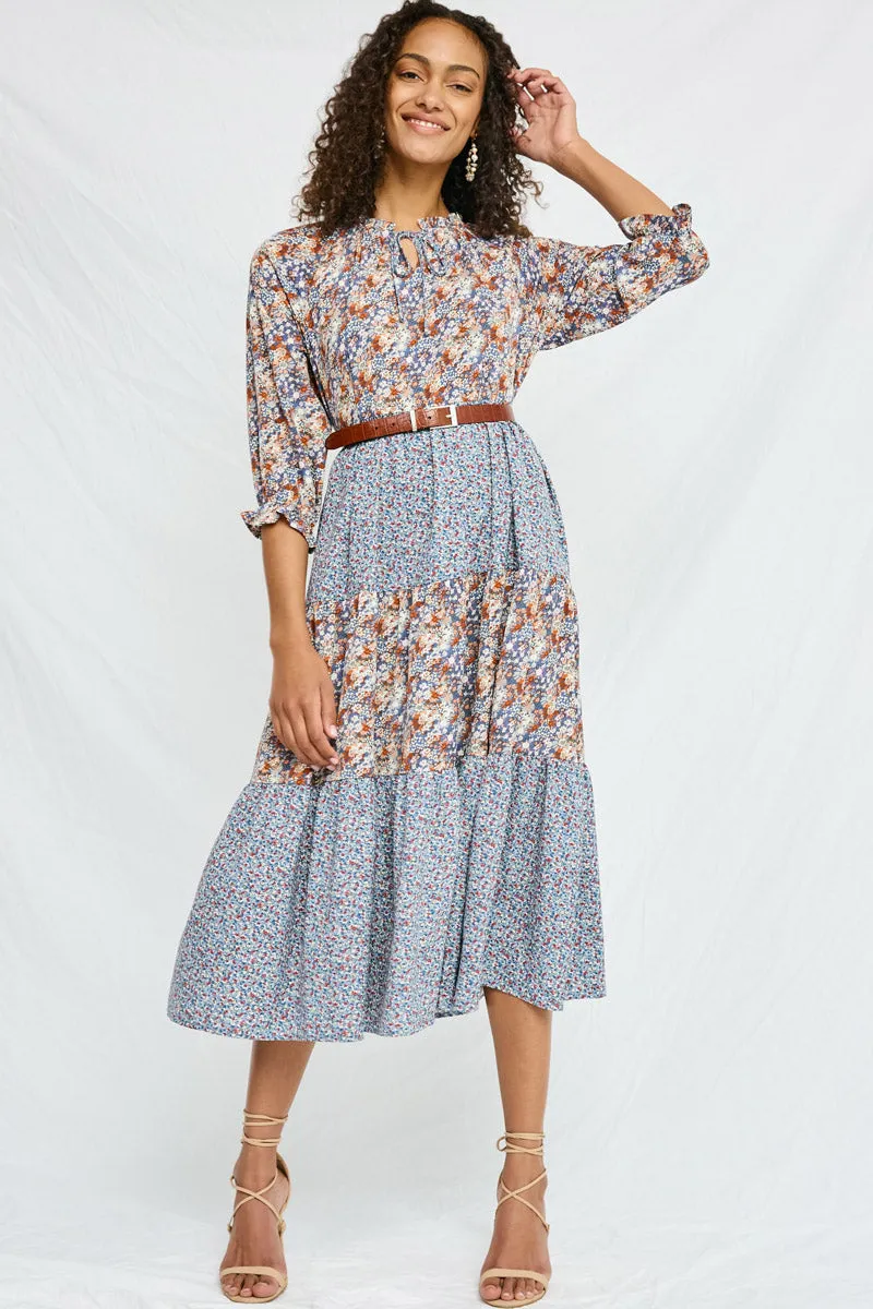 Mixed Floral Block Ruffle Neck Maxi Dress Olive Fresh