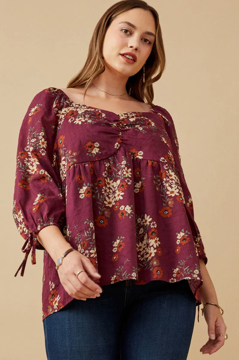 Mixed Floral Tie Sleeve Sweetheart Neck Top Multi Directional Mobility