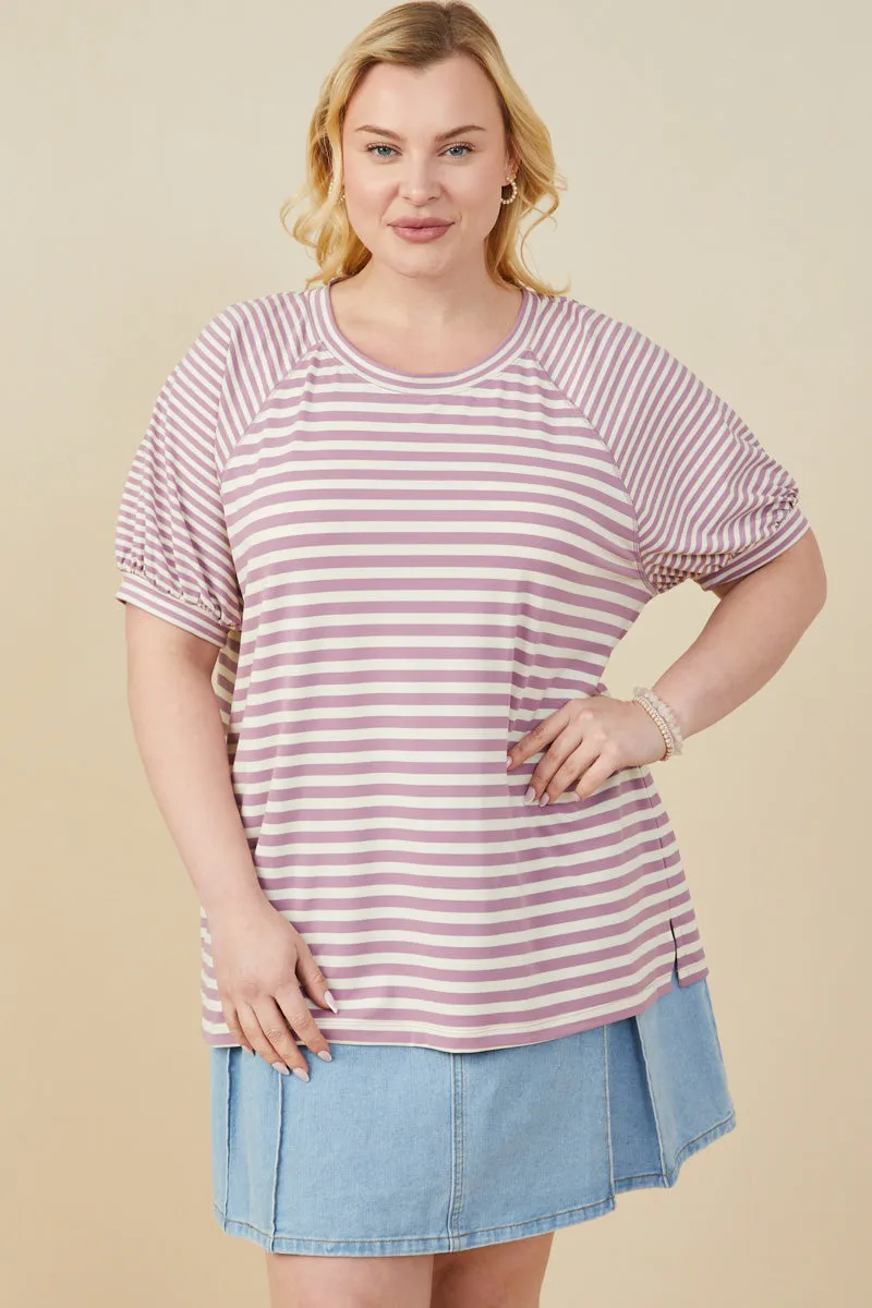 Long Sleeve Tee Ribbed Neckline Mixed Stripe Raglan Puff Sleeve Knit T Shirt