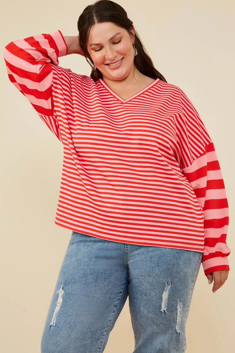 Mixed Stripe V Neck Knit Long Sleeve Top DurableStitching AllPurpose Design