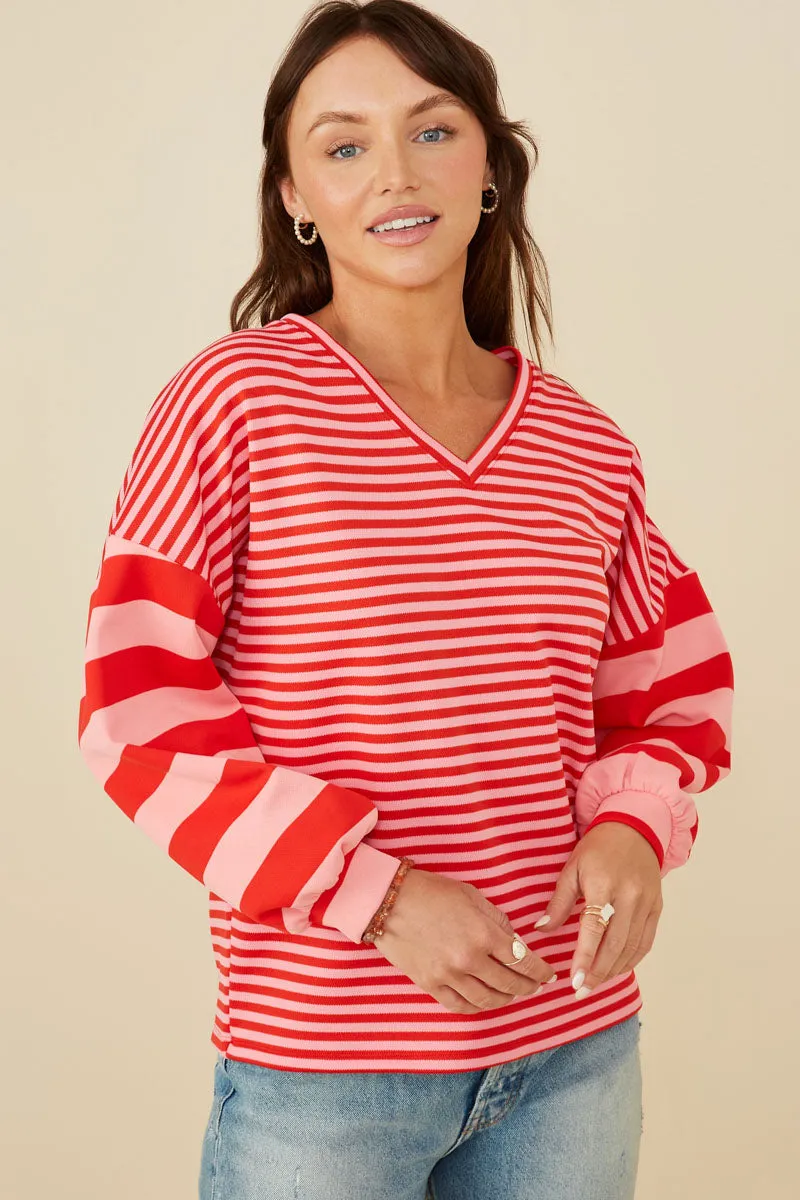 OdorControl Technology Mixed Stripe V Neck Knit Long Sleeve Top