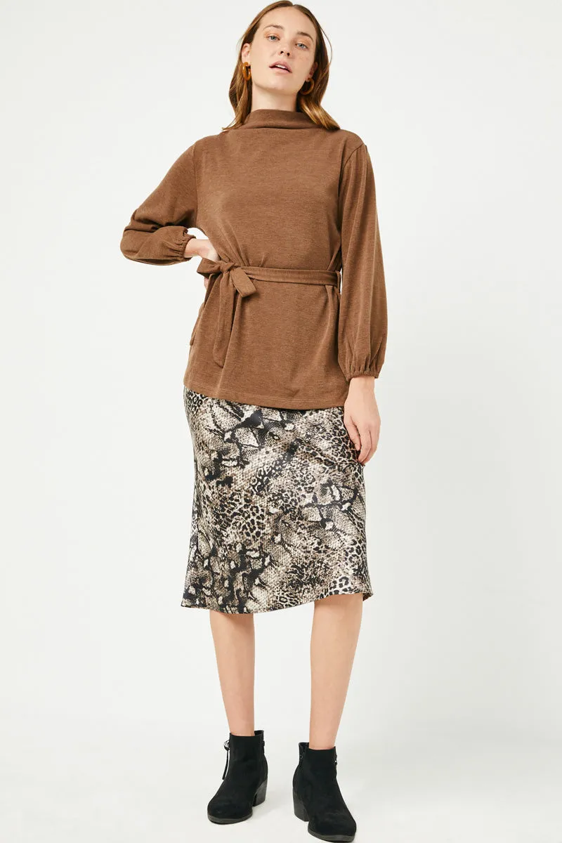 Mock Neck Belted Long Sleeve Knit Tunic Top AntiPillingTreatment
