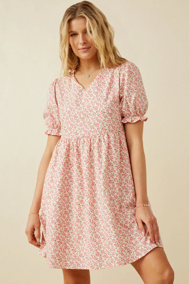 Ditsy Floral Cinch Sleeve V Neck Dress Daily Movement
