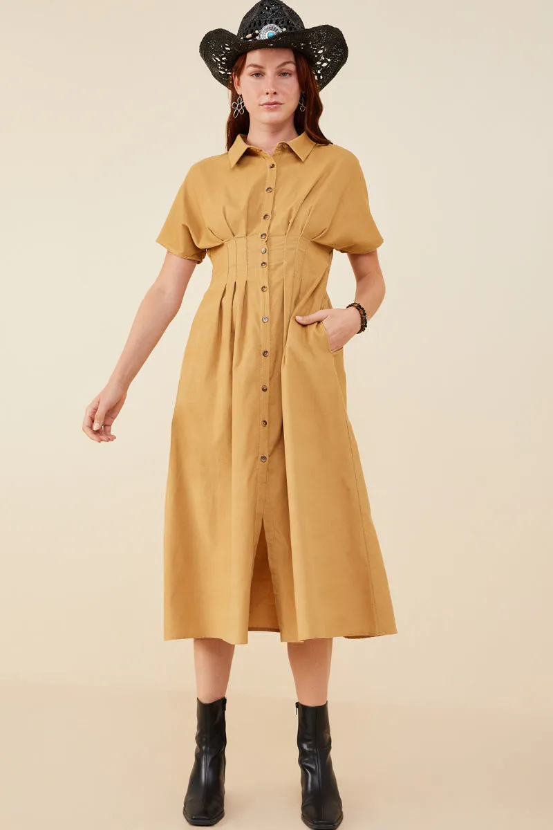 Daily Chic Pintucked Waist Button Up Corduroy Dress