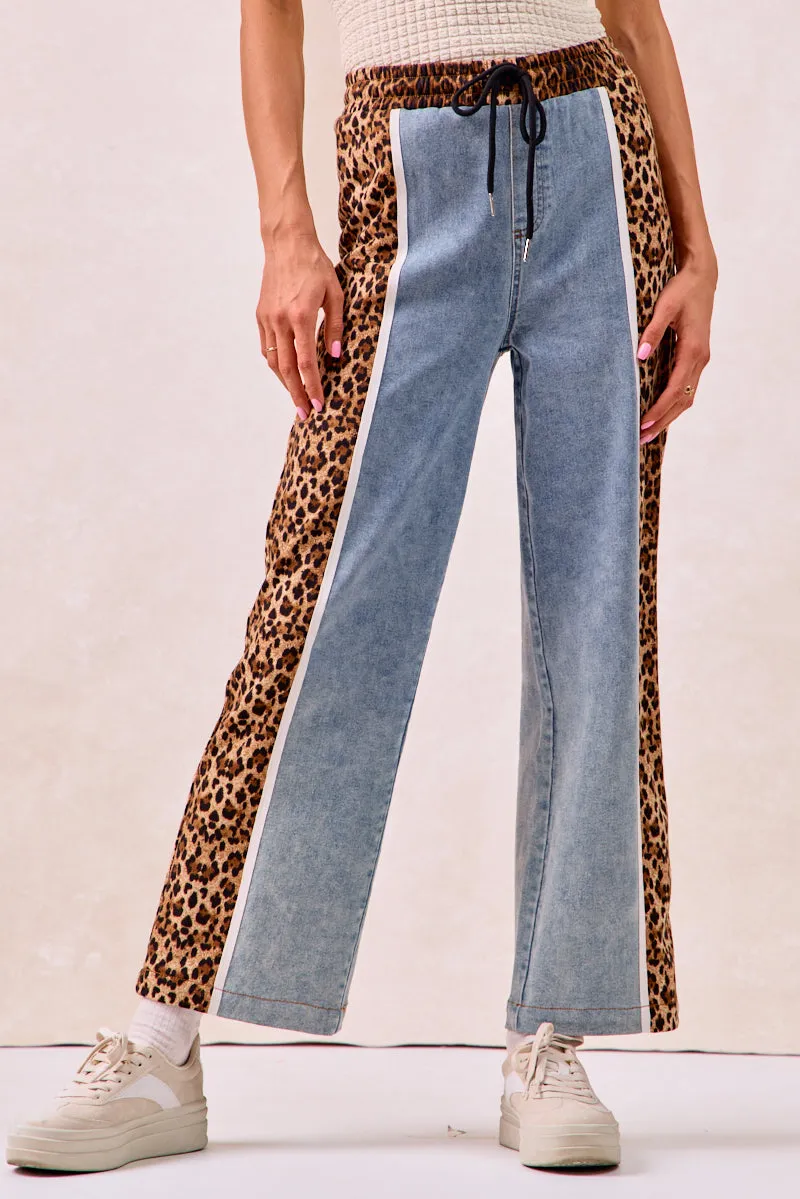 IB1836-01 | WASHED DENIM AND LEOPARD MIX AND MATCH PANTS Streetwear vibe Breathable back panel