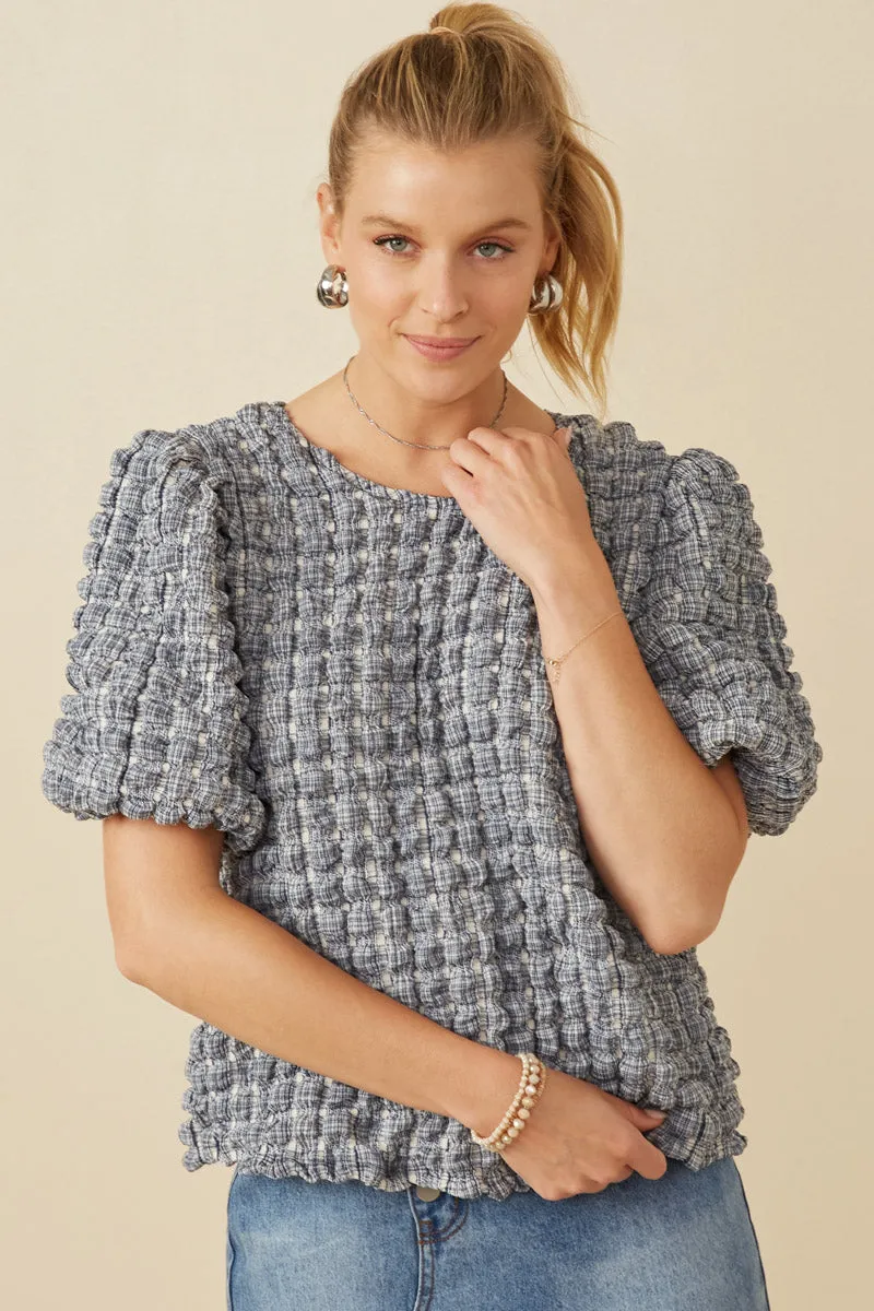 RubberizedGrip Classic Style Waffle Textured Puff Sleeve Top