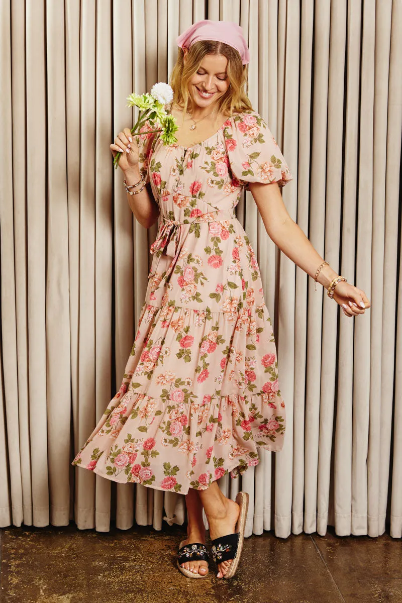 Romantic Floral Button Detail Belted Dress Cool Shape Quiet Mood