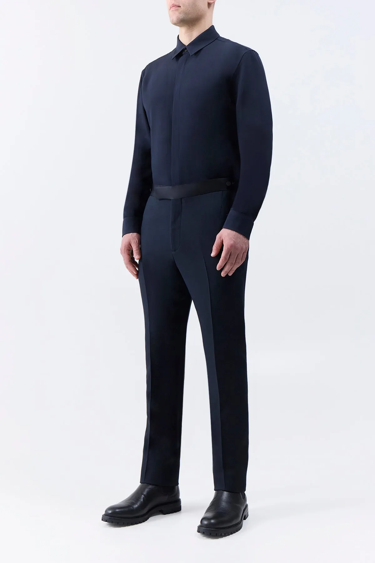 360 Degree Movement Design Simons Pant in Black Wool Silk Cady
