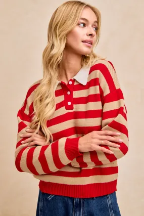 IT4858S-01 | STRIPE KNIT BUTTONED COLLAR TOP Smooth Zipper Track