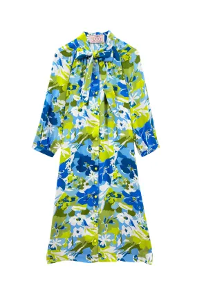 Flexible Shoulder Gusset Soft Brushed Finish Bow Housecoat - Aqua Floral